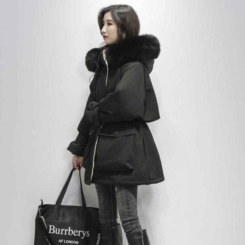 Korean Style Women's Mid-Length Cotton-Padded Parka with Big Fur Collar