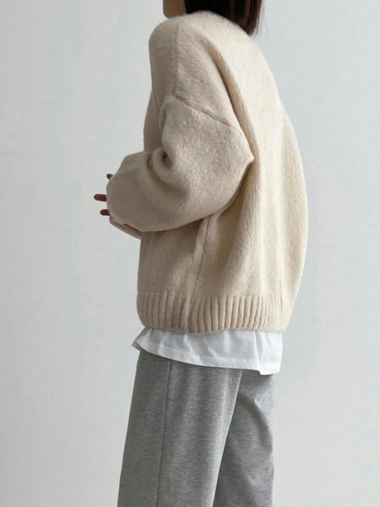 Autumn Winter Lazy Style Versatile Crewneck Thick Solid Knit Sweater Women's European Style Pullover Long Sleeve Sweater Top