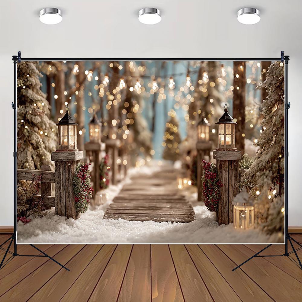 MOON.QG Wooden Fence Entrance String Lights Christmas Background Backdrop Child Studio Photobooth Photozone Photography Props
