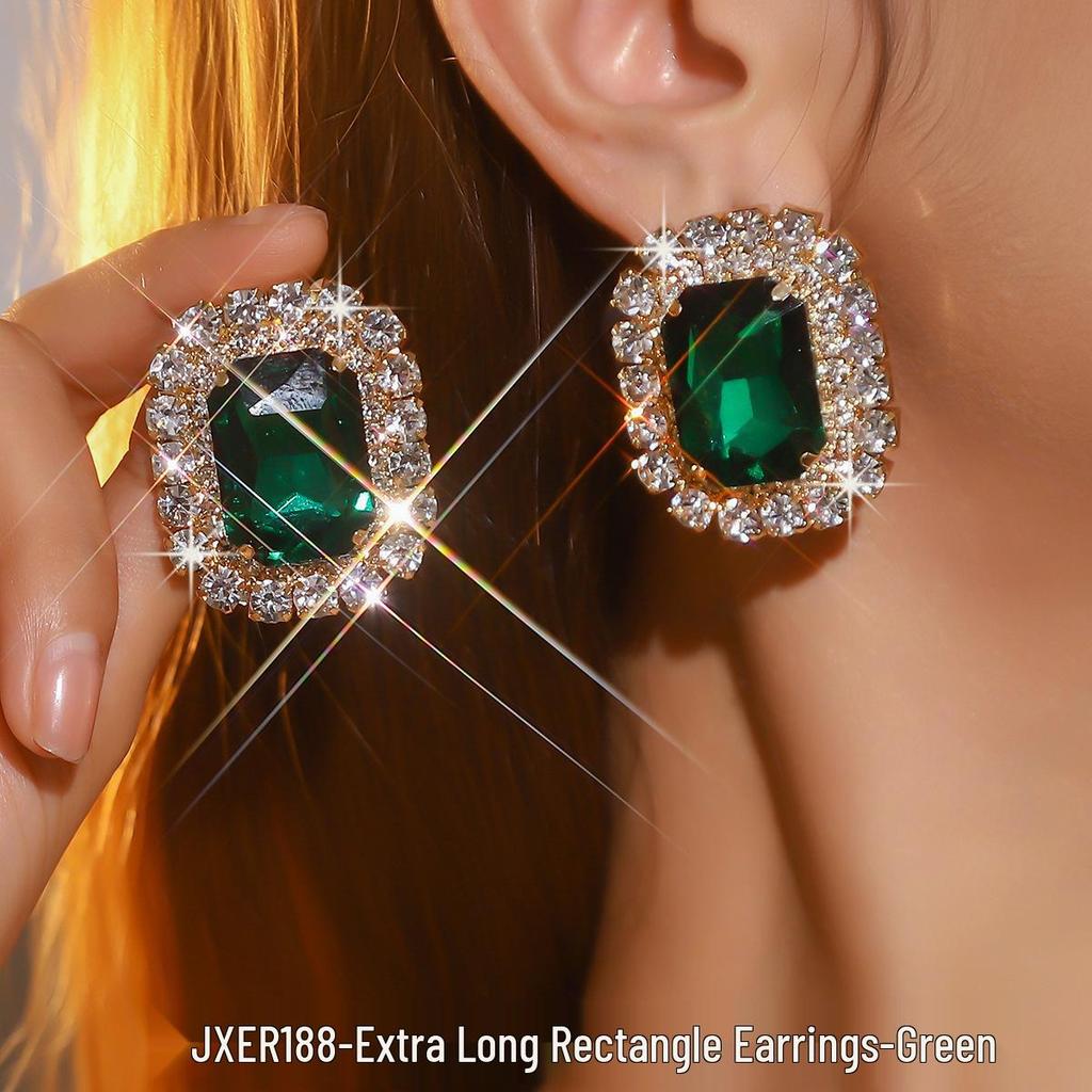 Exaggerated Geometric Heart Crystal Stud Earrings: Pink, Green, Black - Versatile Evening Ear Accessories