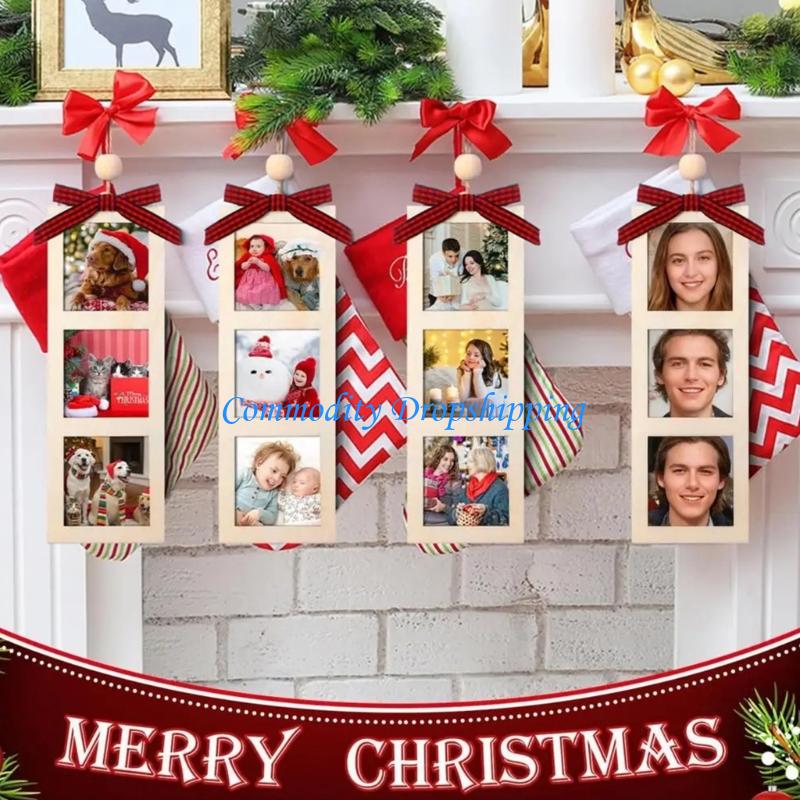 Y5JC 6 Christmas Tree Hanging Frames Personalizing Wooden Keepsakes Display for Wall Decors