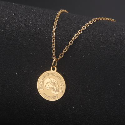 Titanium Steel Skull Coin Pendant Necklace Minimalist Punk Hip Hop Fashion Round Medallion Chain