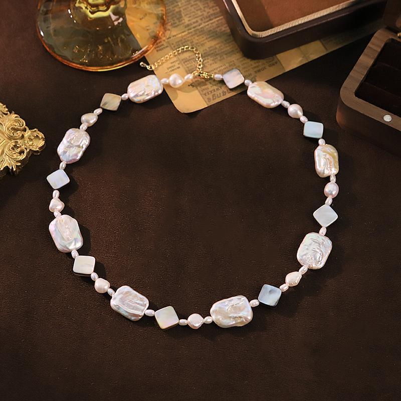 GLSEEVO Natural Freshwater Baroque Pearl Shell Necklace for Women Wedding Bridal Engagement White Pearl Necklace Fashion Jewelry