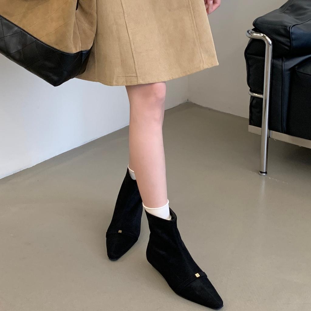 New Korean square head small metal slope bottom short boots autumn and winter suede temperament comfortable fashion short boots women