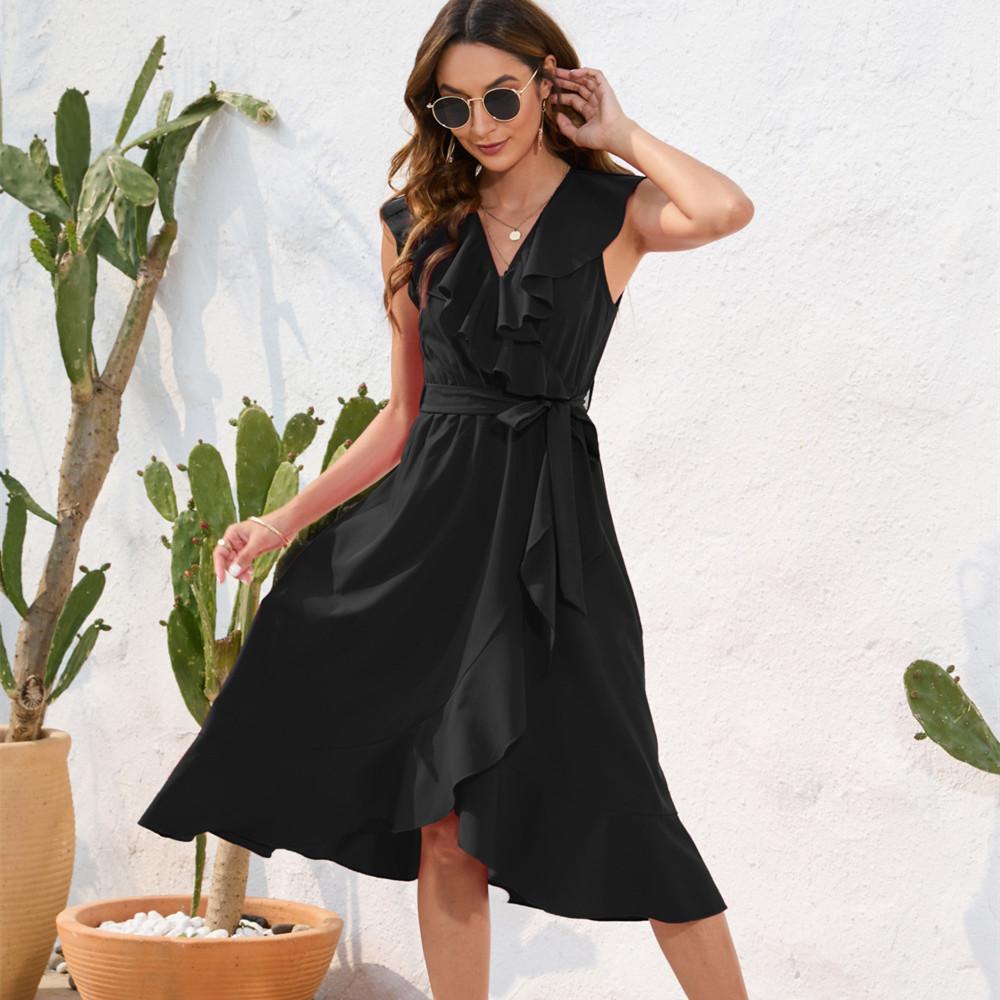 GUMXIA Women's Fashion Summer Spring Solid Color Print Long Sleeve V-Neck High Waist Casual Dresses