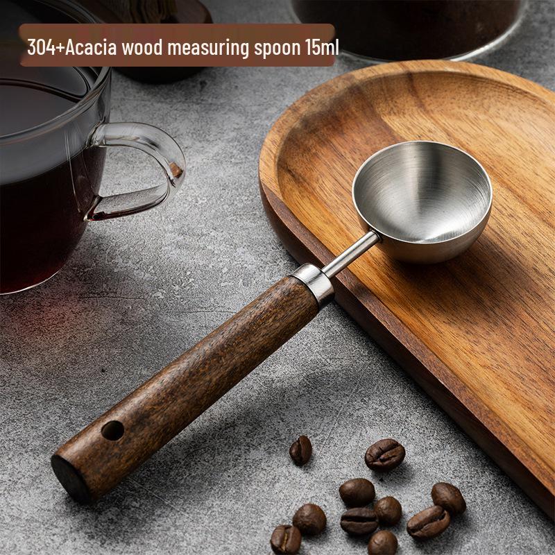 8-Piece Stainless Steel Measuring Cup & Spoon Set with Wooden Handle for Coffee & Grams