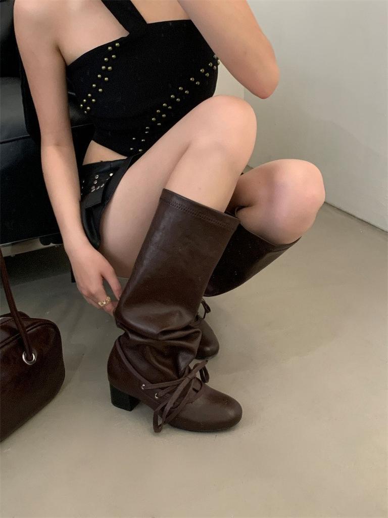 Sheepskin version~ retro round head strap pleated stacking boots women's thick heel high boots 2025 new western cowboy boots