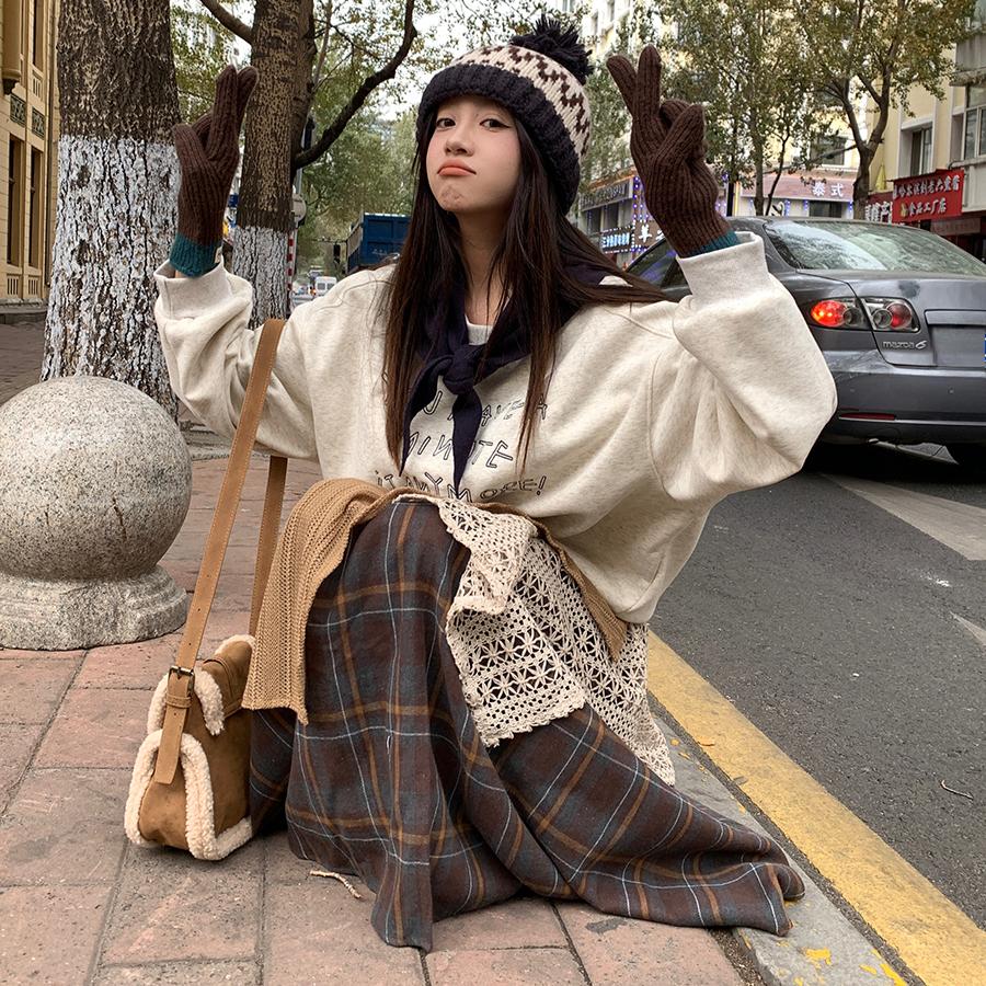 DIMANAF 2025 Autumn Spring Women New Skirts Plaid Loose Elastic Waist Pleated Elegant Long Skirts