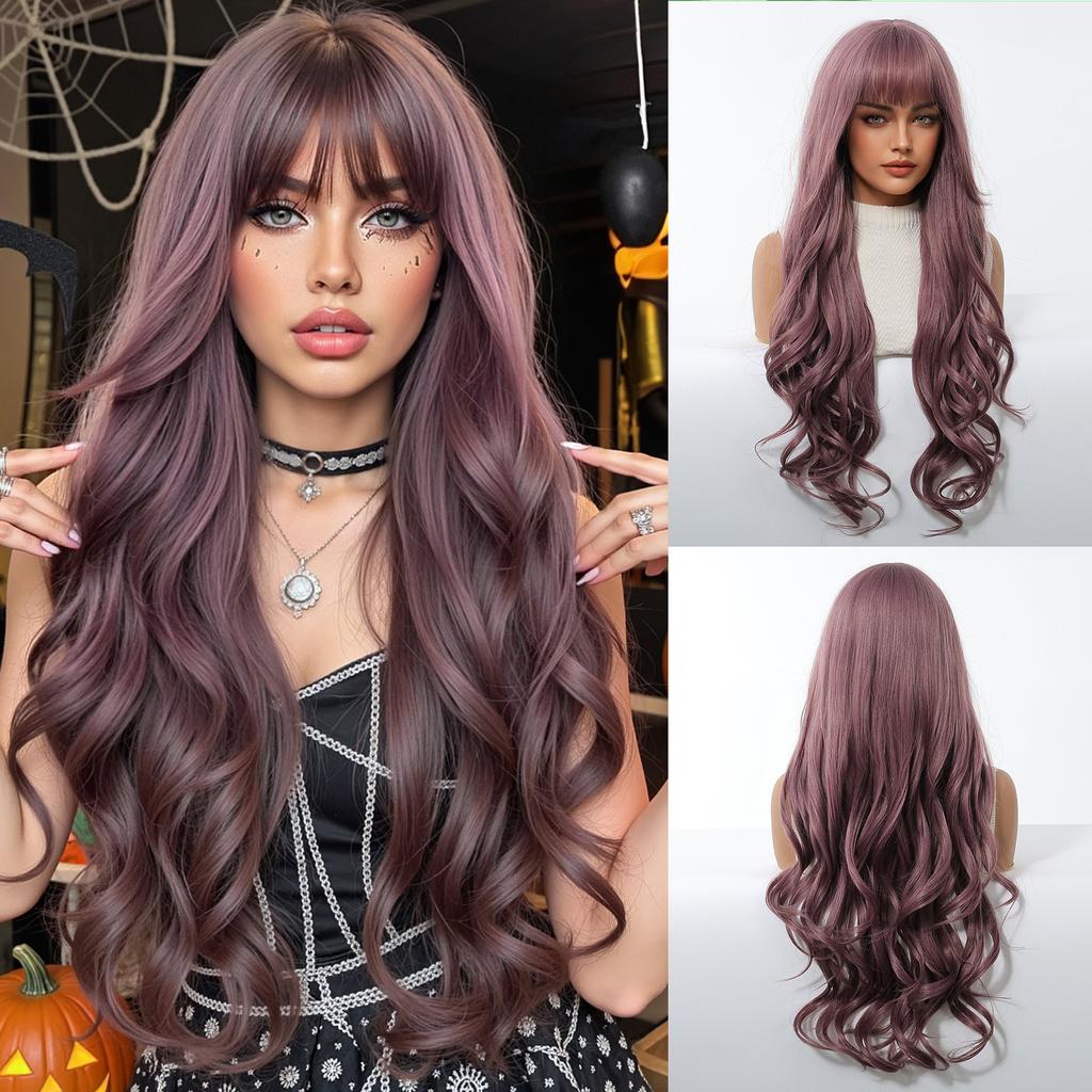 Long Golden Blonde Wave Synthetic Wigs with Bangs for Women Golden Brown Natural Cosplay Costume Daily Hair Wigs Heat Resistant