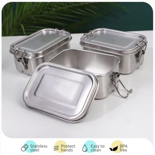 Set of 2 Rectangular Food Containers | Stainless Steel Storage Boxes with Airtight Locks | Freezer- and Dishwasher-Safe & Odor-Proof | 550ml | Eco-Fri
