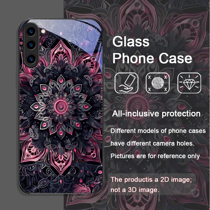 Vintage Mandala Lotusblumenmuster Gehärtetes Glas Handyhülle für Samsung Galaxy S25 Ultra S24 S23 Plus S22 S21 S20 FE 5G Cover
