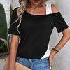 Women Summer Tops Off-Shoulder Skew Collar Short Sleeve Tee Tops Patchwork Color Loose Fit Casual T-shirt Streetwear