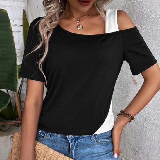 Women Summer Tops Off-Shoulder Skew Collar Short Sleeve Tee Tops Patchwork Color Loose Fit Casual T-shirt Streetwear