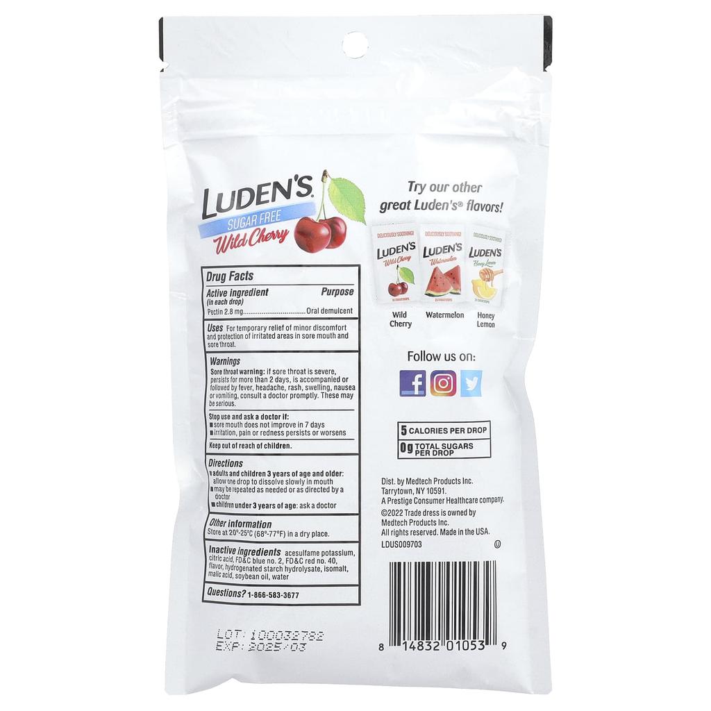 Luden'S, Pectin Lozenges/Oral Relief, Sugar Free, Wild Cherry, 25 Drops
