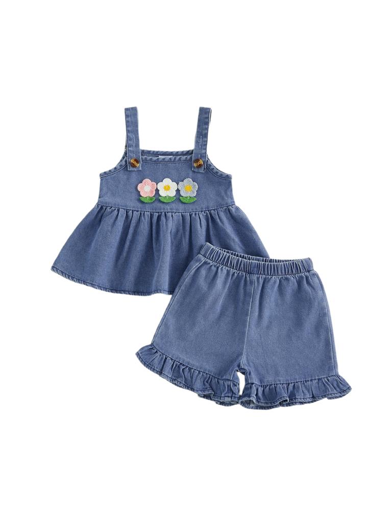 Adorable Infant Girl Floral Denim Ensemble with Sleeveless Babydoll Top and Ruffle Shorts for a Stylish Summer Look