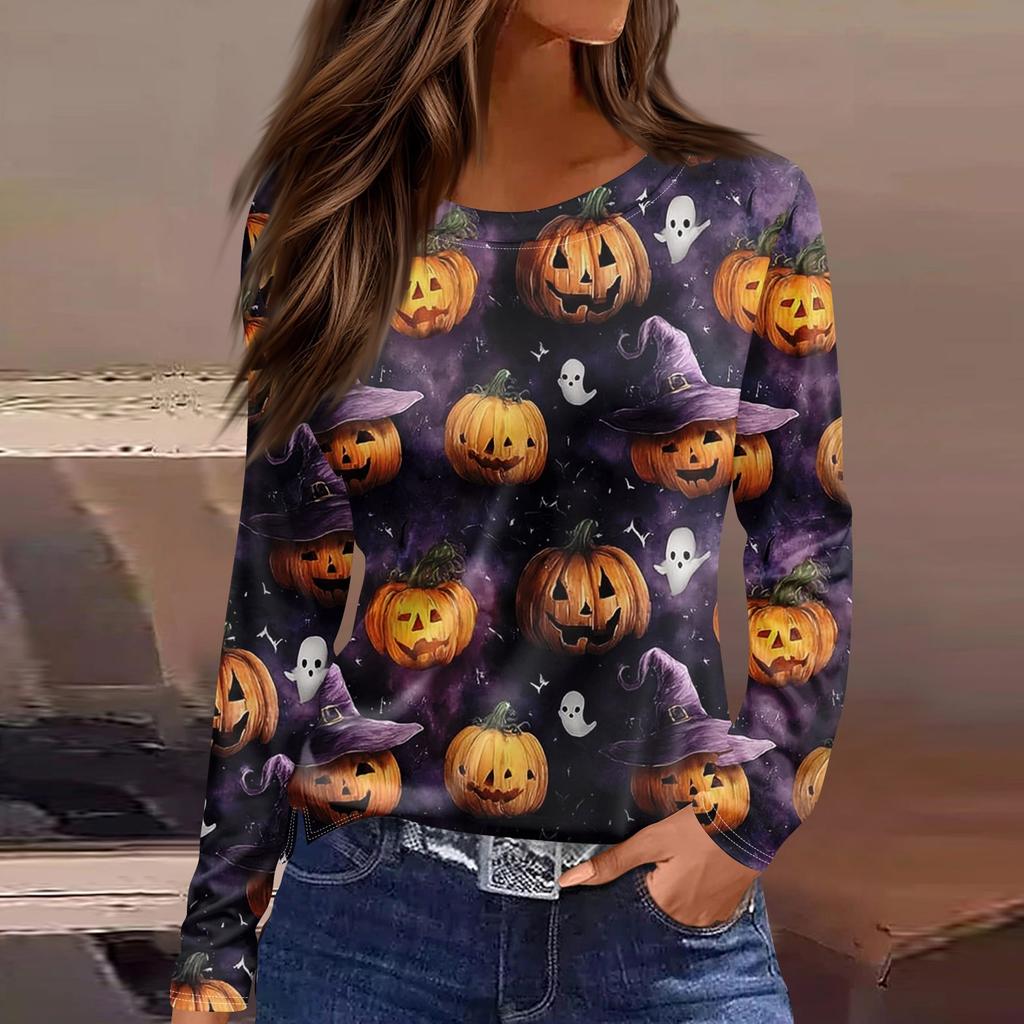 Women's Fashion Hem Slit Casual Halloween Printed Round Neck Long Sleeve Top