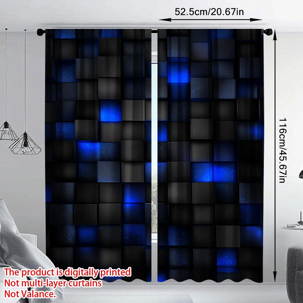 Blue Cube Door Curtains 2pcs   Lit Dark Cube Print Semi-Sheer Polyester Rod Pocket for Bedroom Living Office All-Season Decor