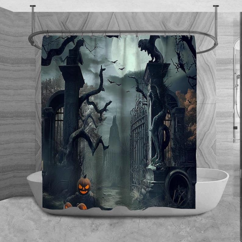 

Creepy Grave Entrance Halloween Shower Curtain with Monochrome Pattern, Scary Black Gray Bathroom Decor for Spooky Theme 90x180cm35x71in