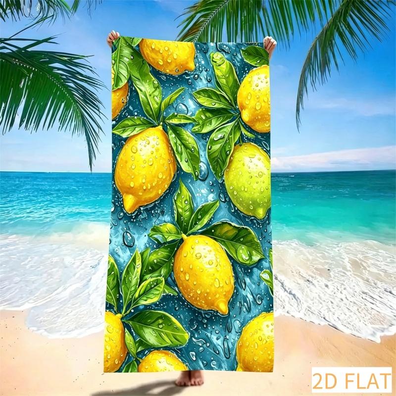 Lemon & Green Leaf Beach Towel Super Absorbent Quick Dry Microfiber With Watercolor Print Soft Sand-Free Blanket For Picnic