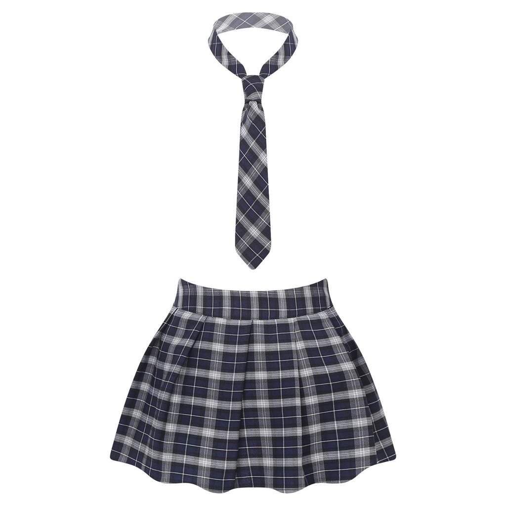 Women Plaid Pleated Mini Skirt with Attached Necktie School Uniform Style Zipper Closure Fancy Dress Costume