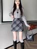 Women's Plus Size Collegiate Style Plaid Wool Mini Skirt for Autumn/Winter, Coffee