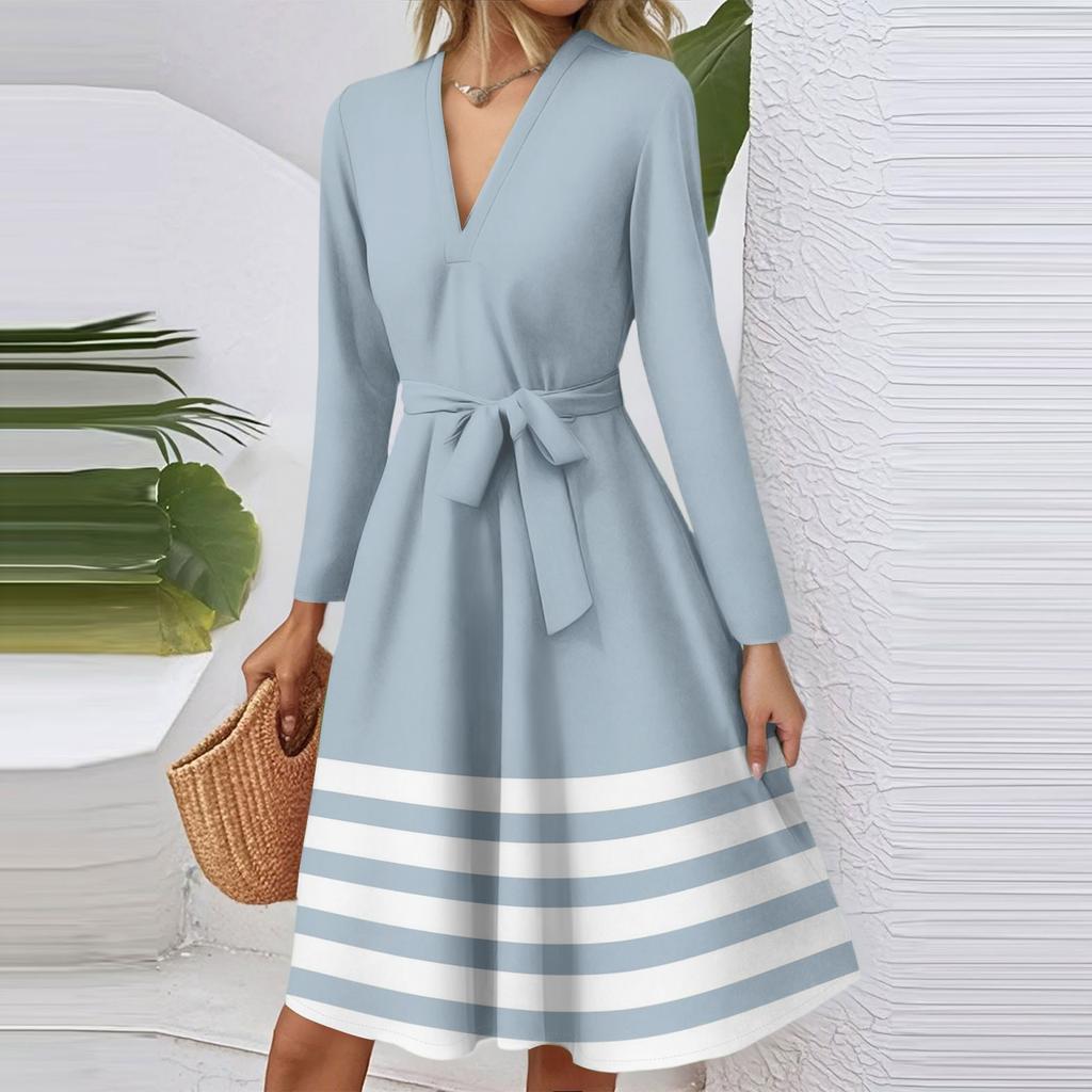 Women's Fashion Casual V-Neck Long Sleeve Waist Striped Printed Midi Dress