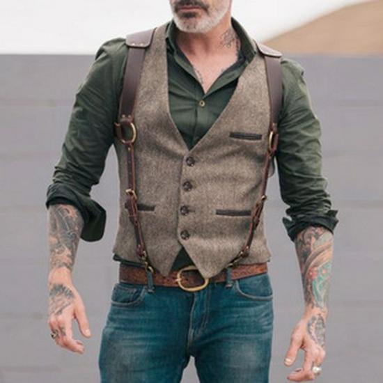 European & American Men's Retro Herringbone Wool Vest - British Style Single-Breasted Casual Waistcoat