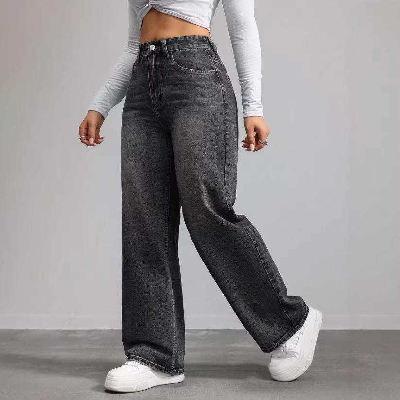 2026 Spring/Summer Women's Plus Size Retro Wide-Leg Denim Pants with Pockets