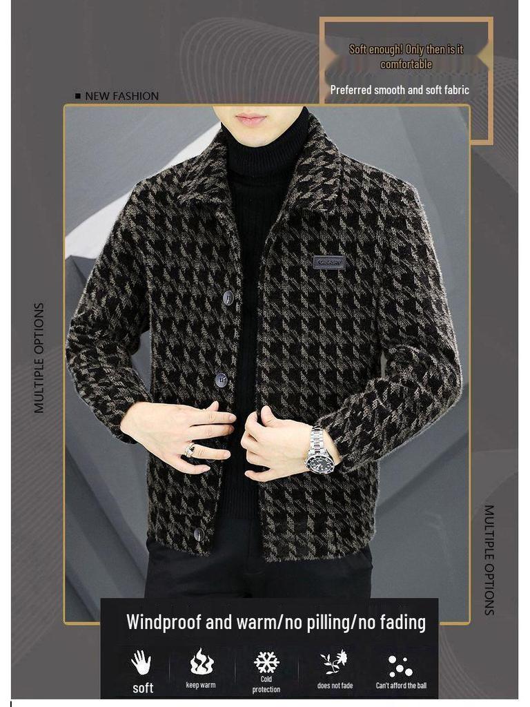 2025 Autumn/Winter Men's Trendy Fleece-Lined Plaid Wool Jacket
