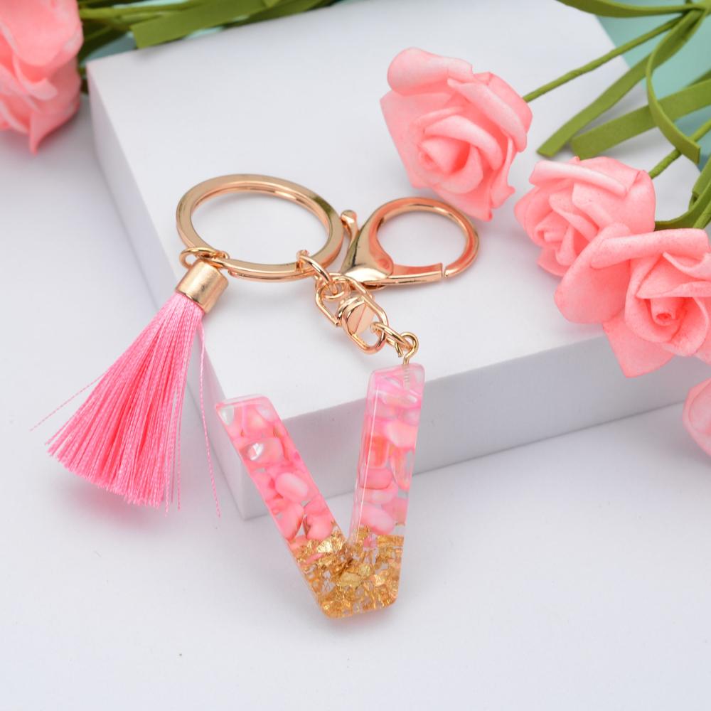 Jewelry Ornament Resin Material Alphabet Key Chain Glitter Keyring Bag Pendant Letter Keychain