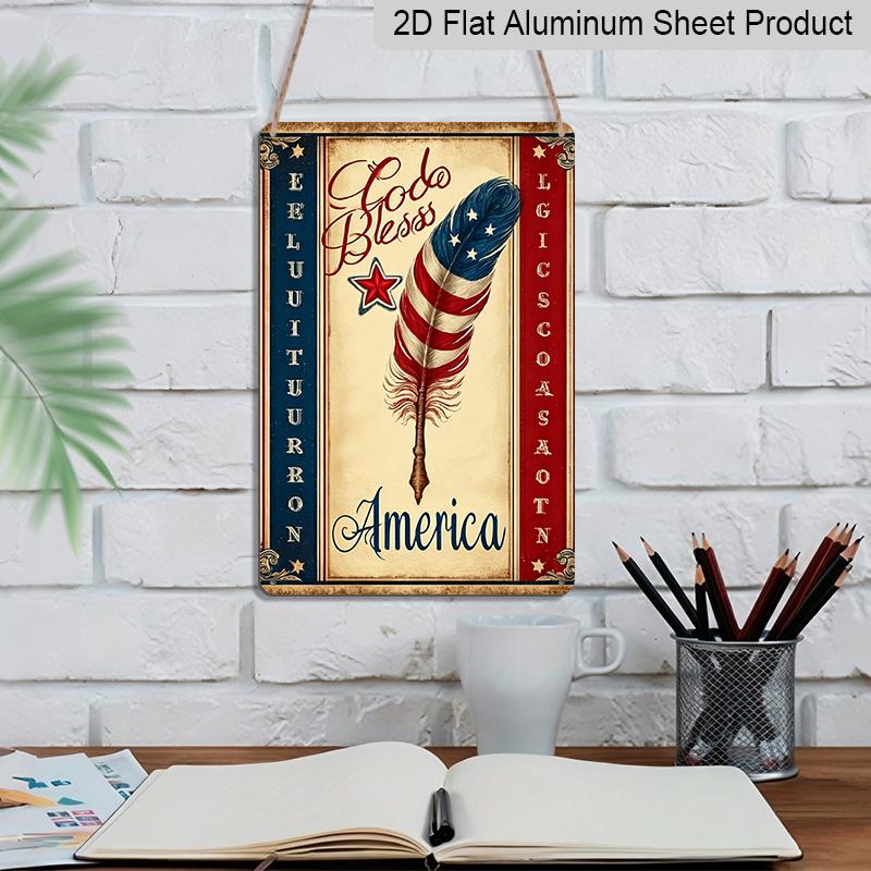 2D Flat, 1pc Patriotic Metal Sign - God Bless America Wall Art with Stars Feathers Design, 8x12 Inch Rustic Aluminum Sign for 4th of July Outdoor