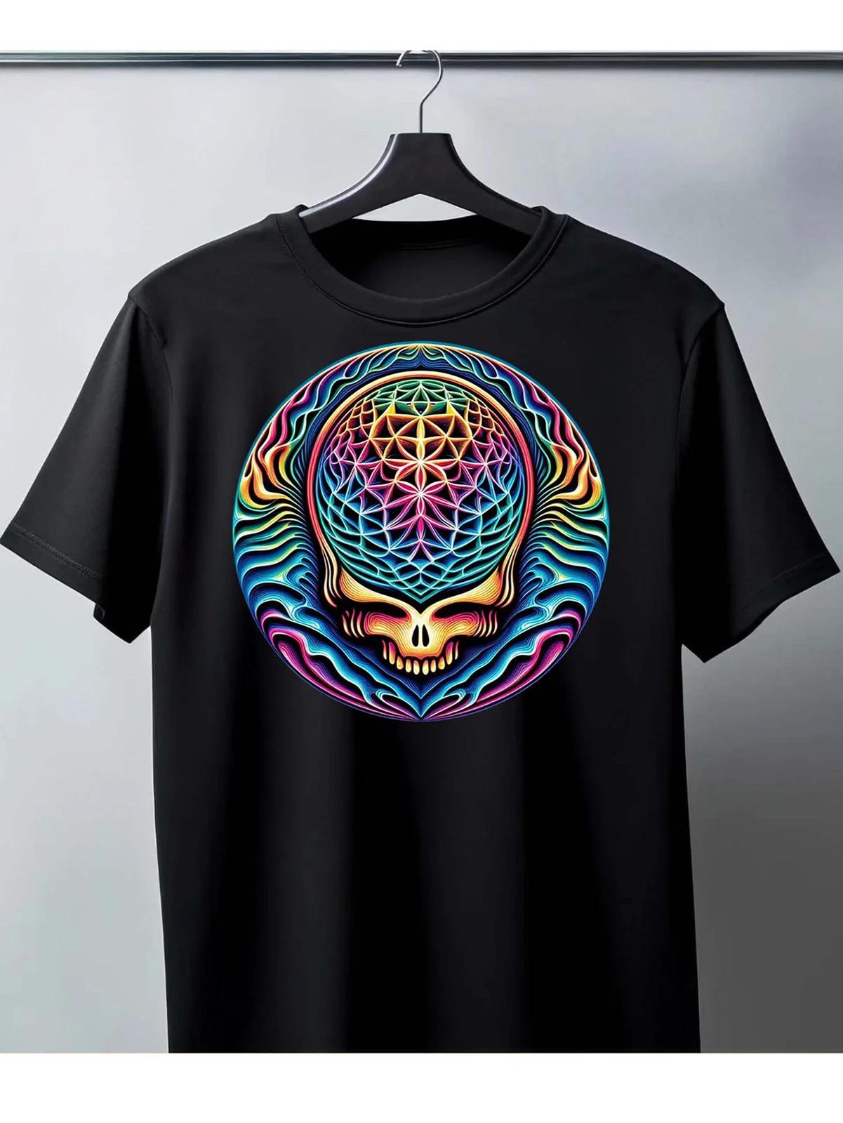 Men s T-shirt, Pure Cotton, Black, Flower Skull Psychedelic Art Print XXXXL
