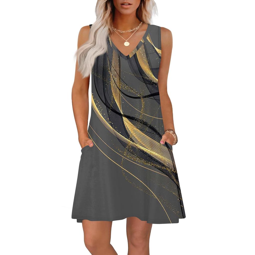 Women's Summer Dresses Loose Fit Printed V Neck Sleeveless Sundresses Beach Hawaiian Dress With Pockets