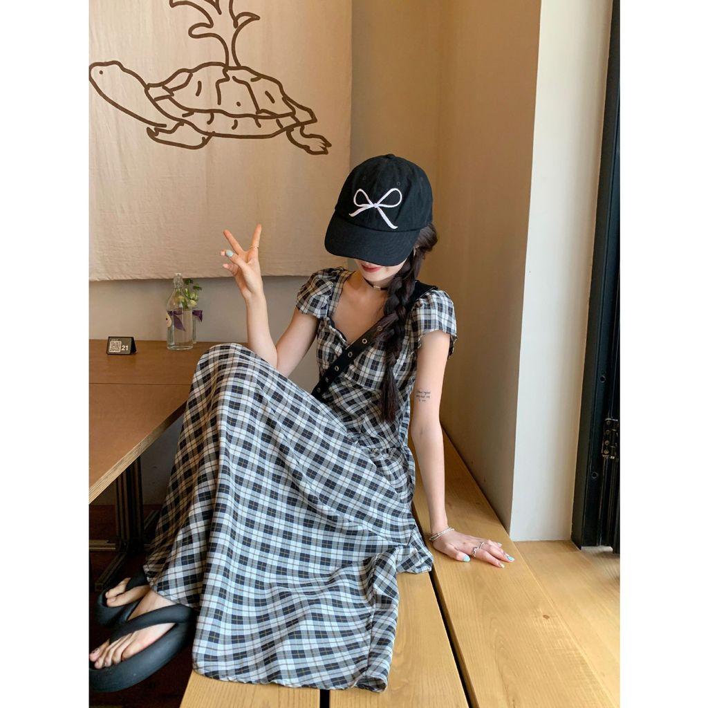French Vintage Square Collar Puff Sleeve Gingham Dress With Polyester Fabric For Summer Women