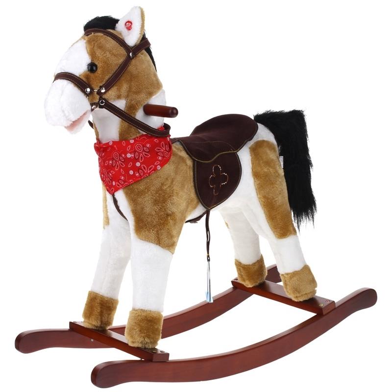 Interactive Rocking Horse Neighs Wagging Tail Cowboy Scarf Beige and White