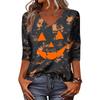 Women's Casual V-Neck Three-Quarter Sleeve Top with Halloween Print for Fall Party Wear