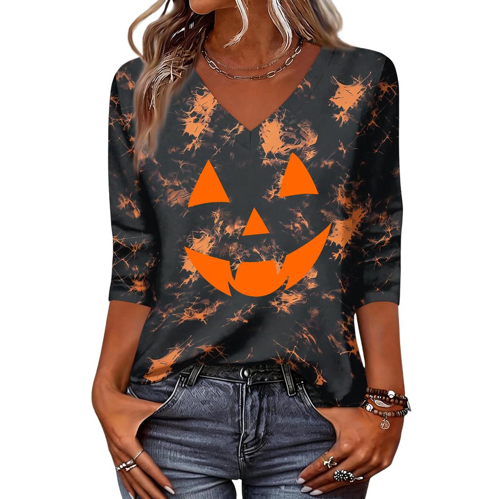 Women's Casual V-Neck Three-Quarter Sleeve Top with Halloween Print for Fall Party Wear