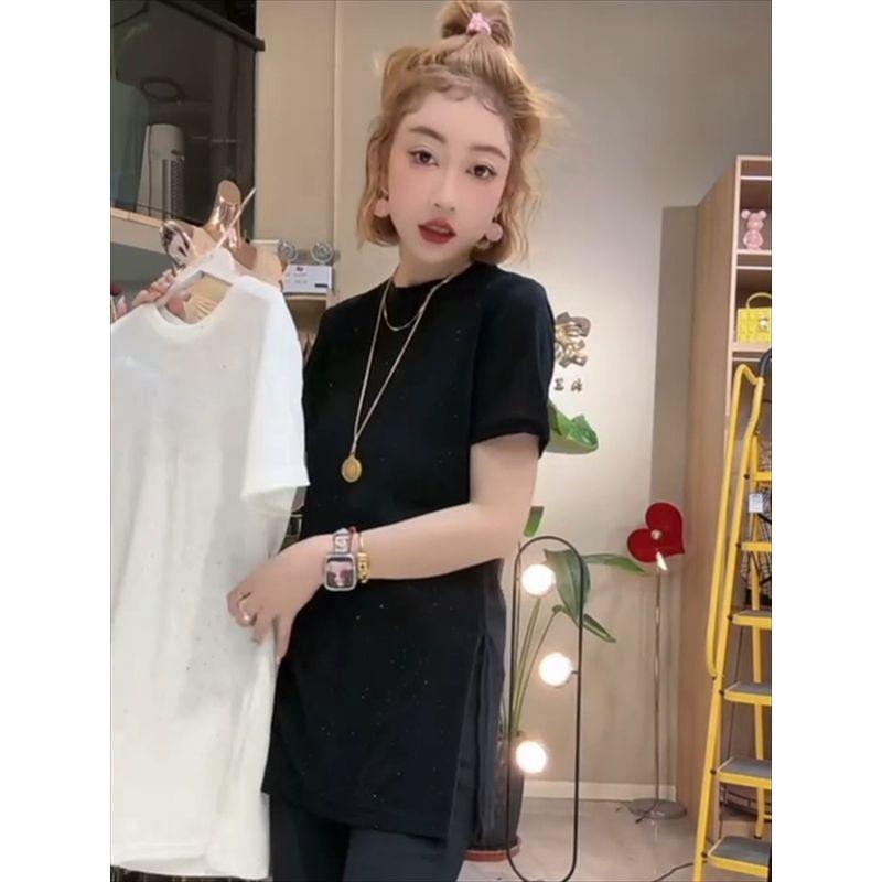 

European Goods Shiny Split Summer Thin Silm Short Sleeve Black XL