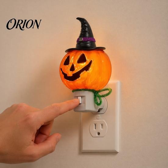 Decorative Wall Light Halloween Pumpkin Ghost Night with Witch Hat, Resin Soft Glow Unique Decor Plug-in LED Bedroom Light, Spooky Sconce for
