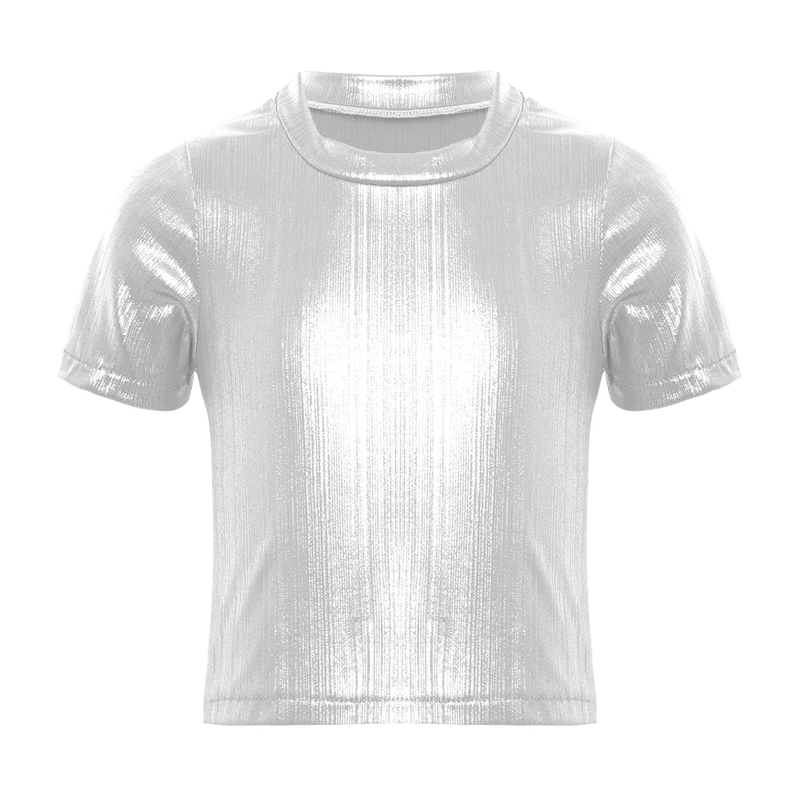 

Дівчата металевий мерехтливий укорочений топ з короткими рукавами та круглим вирізом футболка для практики хіп-хоп джазового танцю 2-6 Years срібний