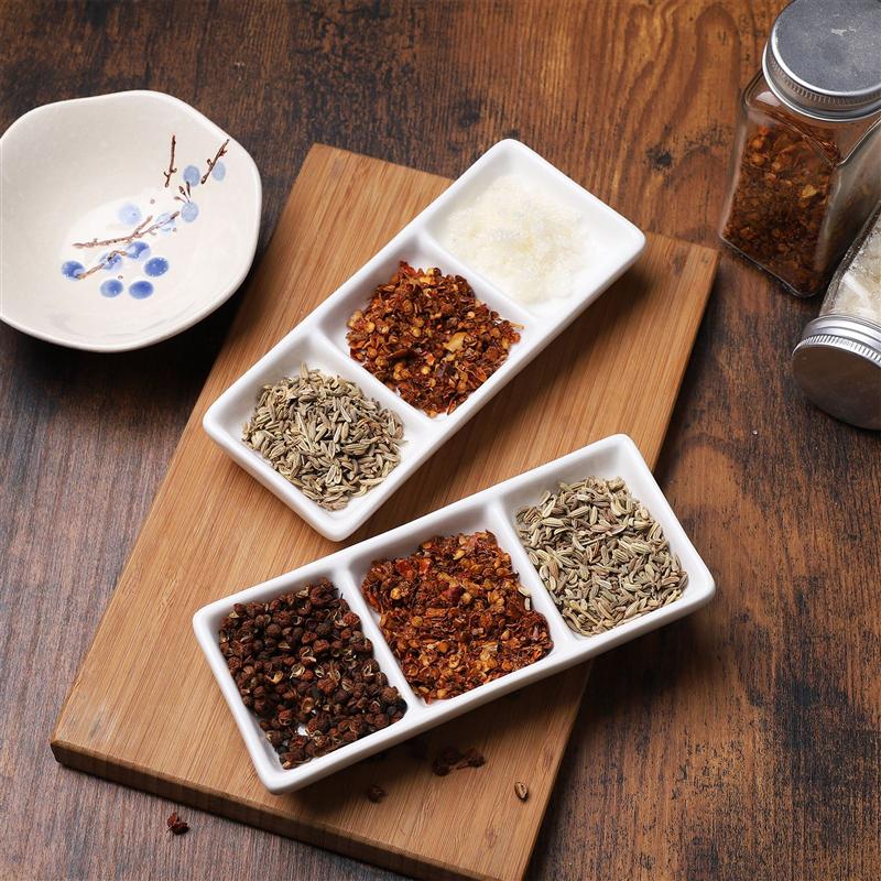 2pcs 6 Inch Pure White Ceramic 3-Compartment Appetizer Serving Tray Rectangular Divided Sauce Dishes for Spice Dish Soy Sauce