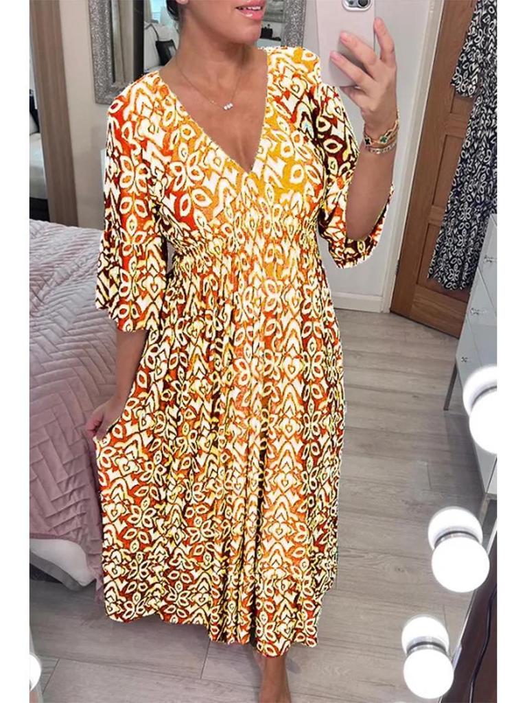 Women's V-neck Floral Dress for Beach Holiday, Digital Print, Loose Fit