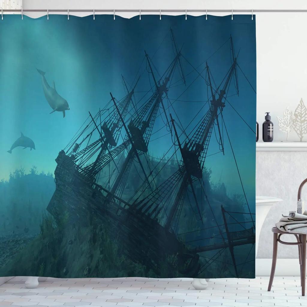Pirate Ship Shower Curtain for Nautical Bathroom Fantasy Ocean Vintage Pirate Ship Bath Curtains Polyester Decor with 12 Hooks