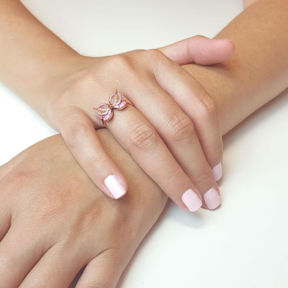 18k Gold Plated Pink Butterfly Ring Sparkling Diamond Rhinestone Women Fashion Jewelry