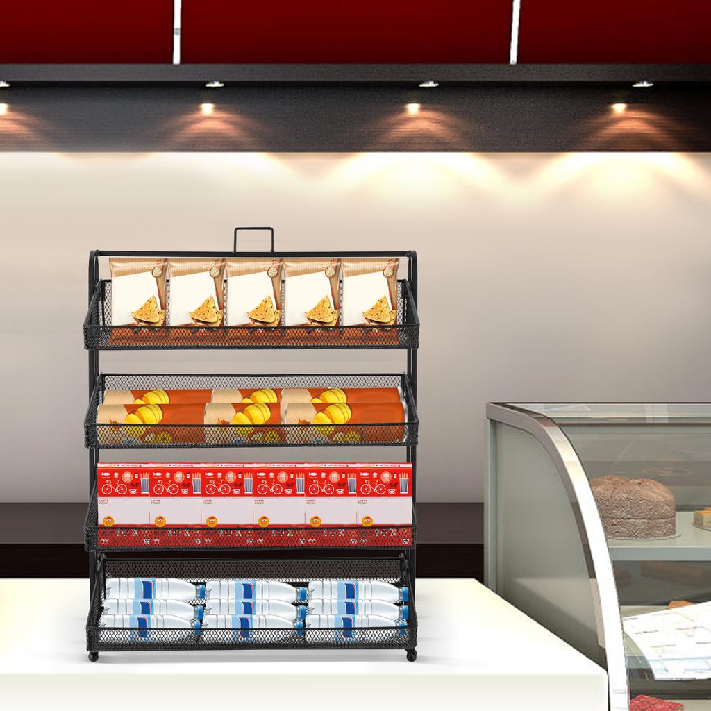 Scaffale Espositore per Caramelle Moderno a 4 Piani con Design Inclinato Nero - Organizer da Banco in Ferro per Snack per Esposizione in Supermercato e Negozio