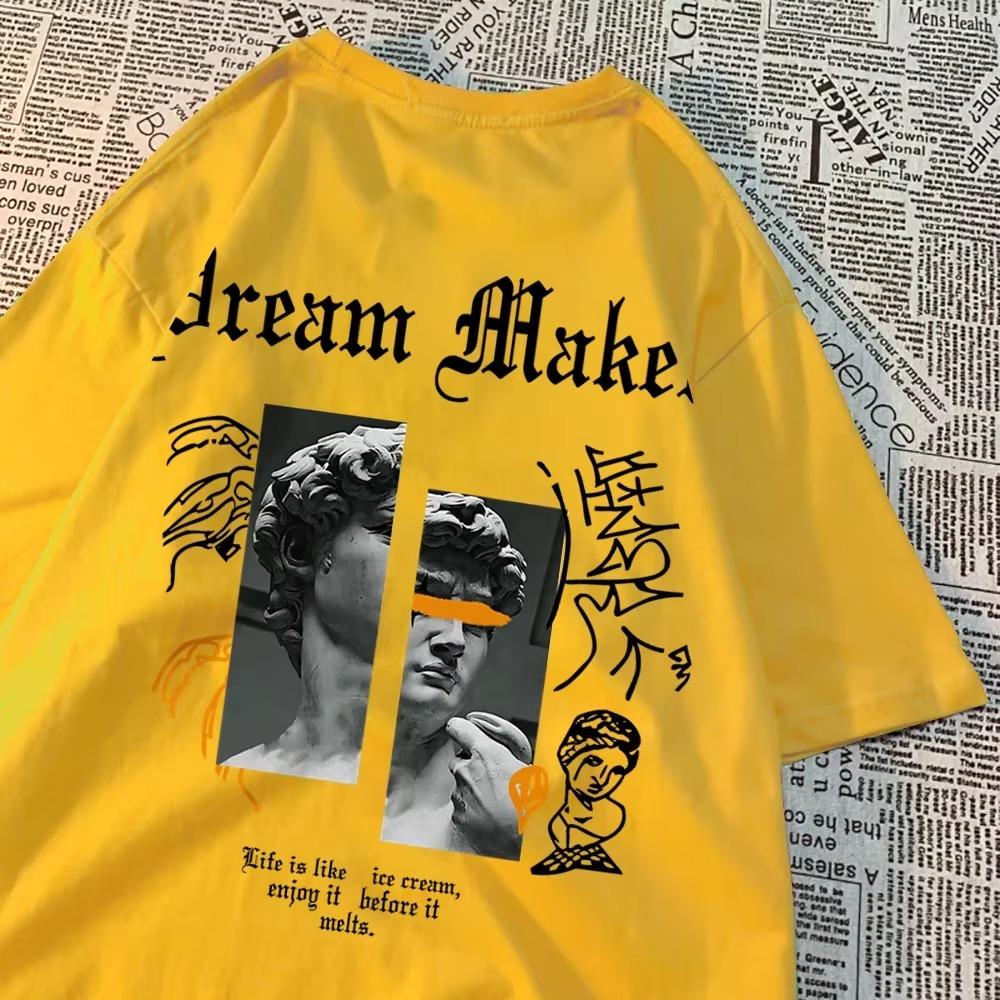 Dream Maker Brave Sculpture Pattern Clothing Men Vintage Cotton Streetwear Couple O-Neck T-Shirts Solid Color Summer Tops