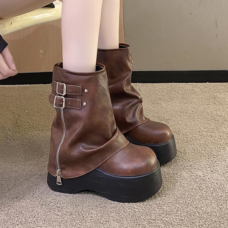 Fashion 2025 Women's Leather Ankle Boots Autumn Winter 9cm Heels Chunky Sneakers Short Boots Woman Zip Motorcycle High Platform Botas