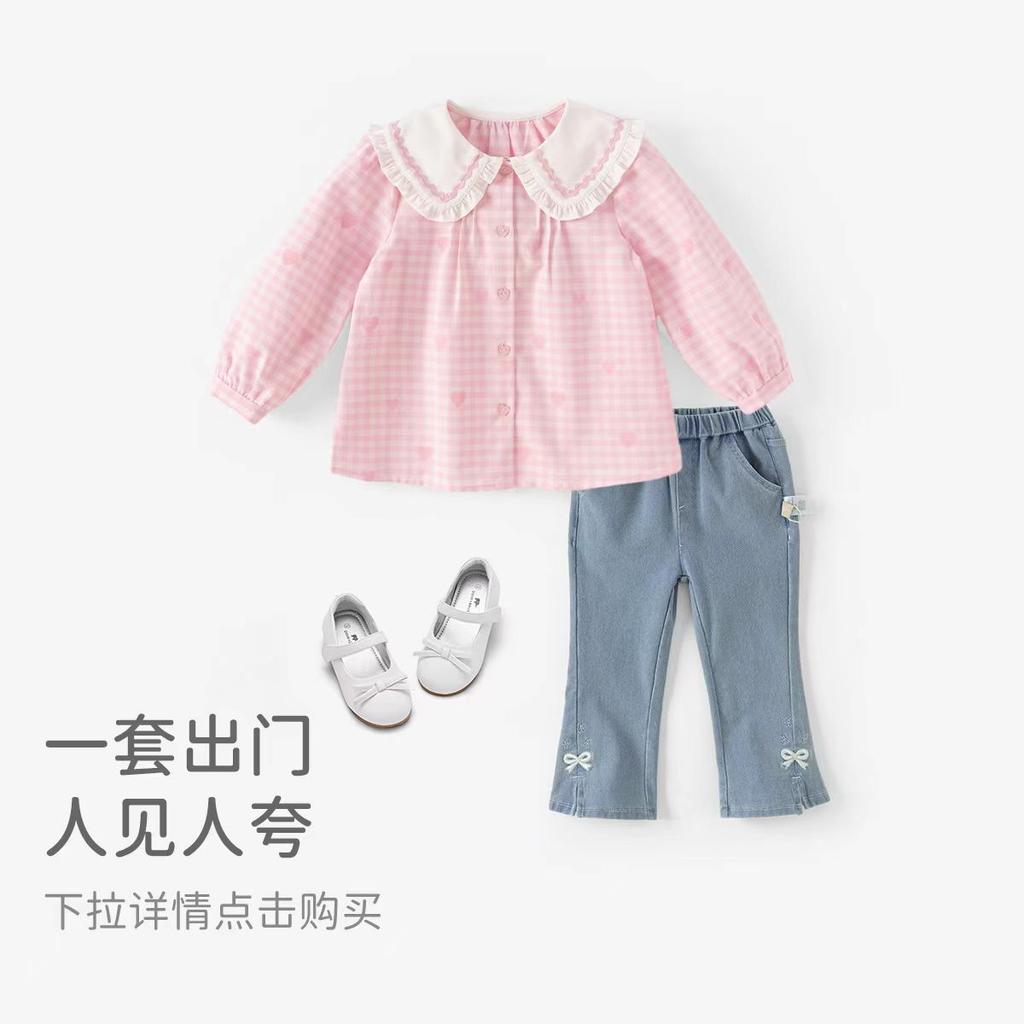 David Bella Girls' Shirt Autumn Dress Children's Pure Cotton Checkered Shirt Baby Girls' Stylish Top