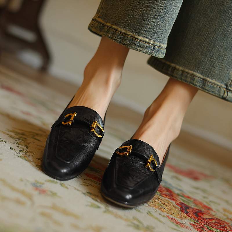 Krazing Pot Sheepskin Round Toe Chunky Heels Autumn Summer Shoes Slip On Women Retro Fashion Pumps