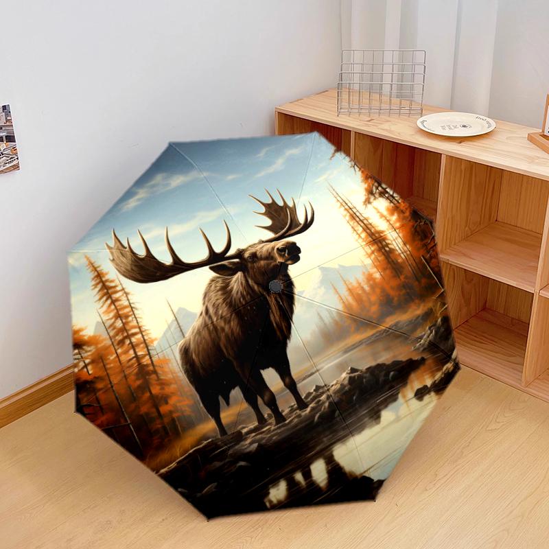 

1 PC Automatic Folding Umbrella - Retro Moose Pattern, Portable & Foldable Design with 8 Ribs, Christmas Birthday Gifts